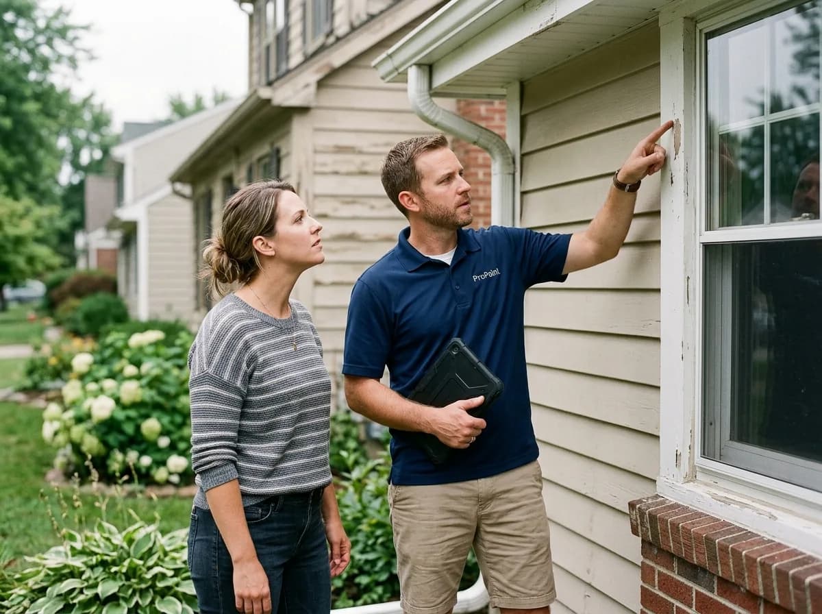 A painting estimator pointing out trim damage to a homeowner during an exterior walk-through.