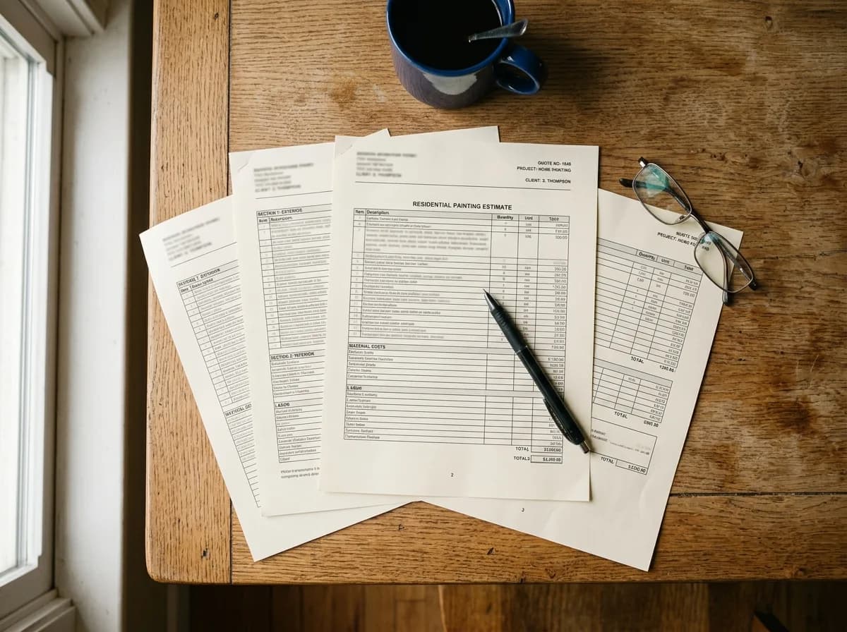 A detailed itemized painting estimate laid out on a kitchen table.