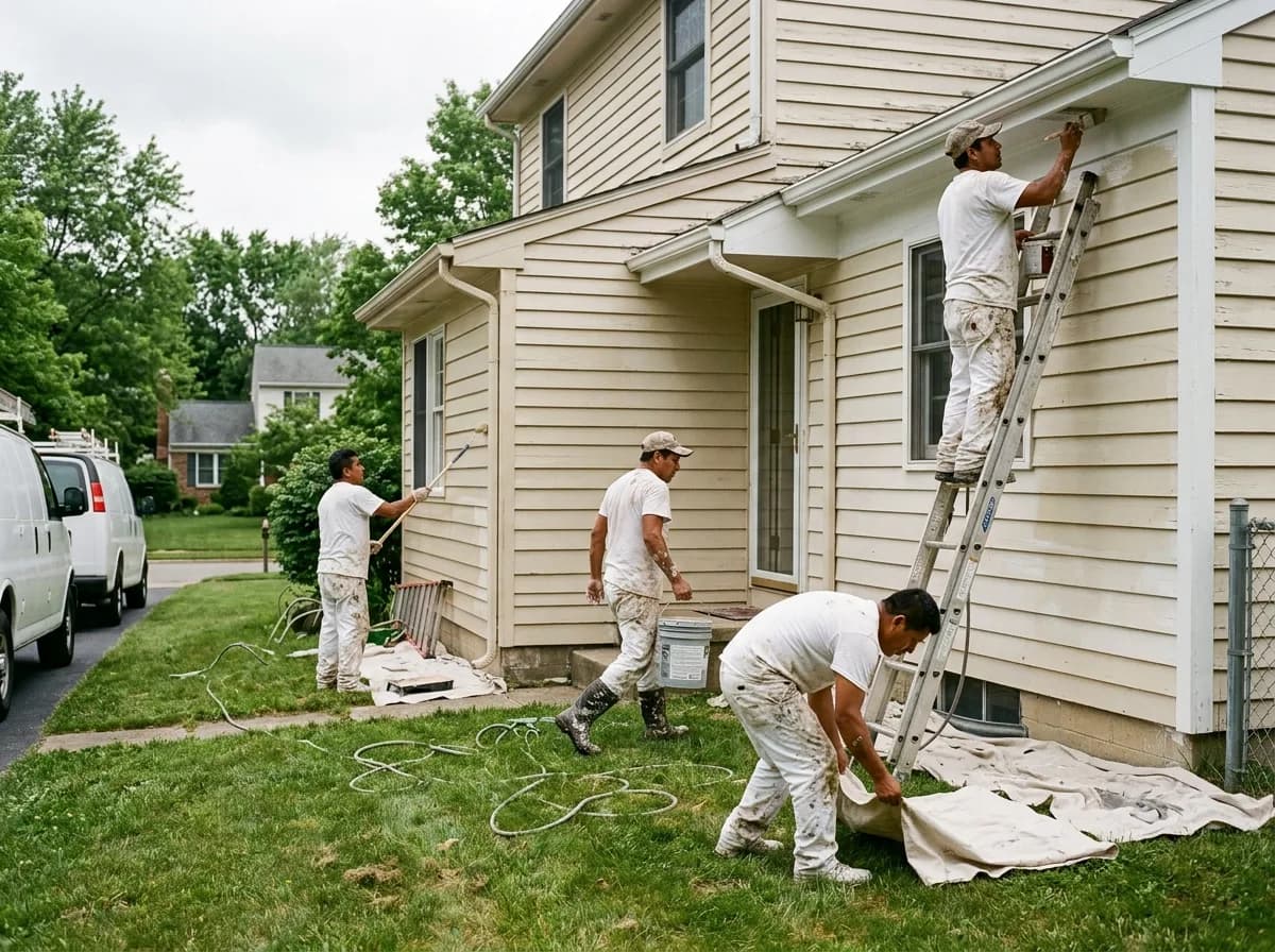 A four-person painting crew working together on a residential exterior.