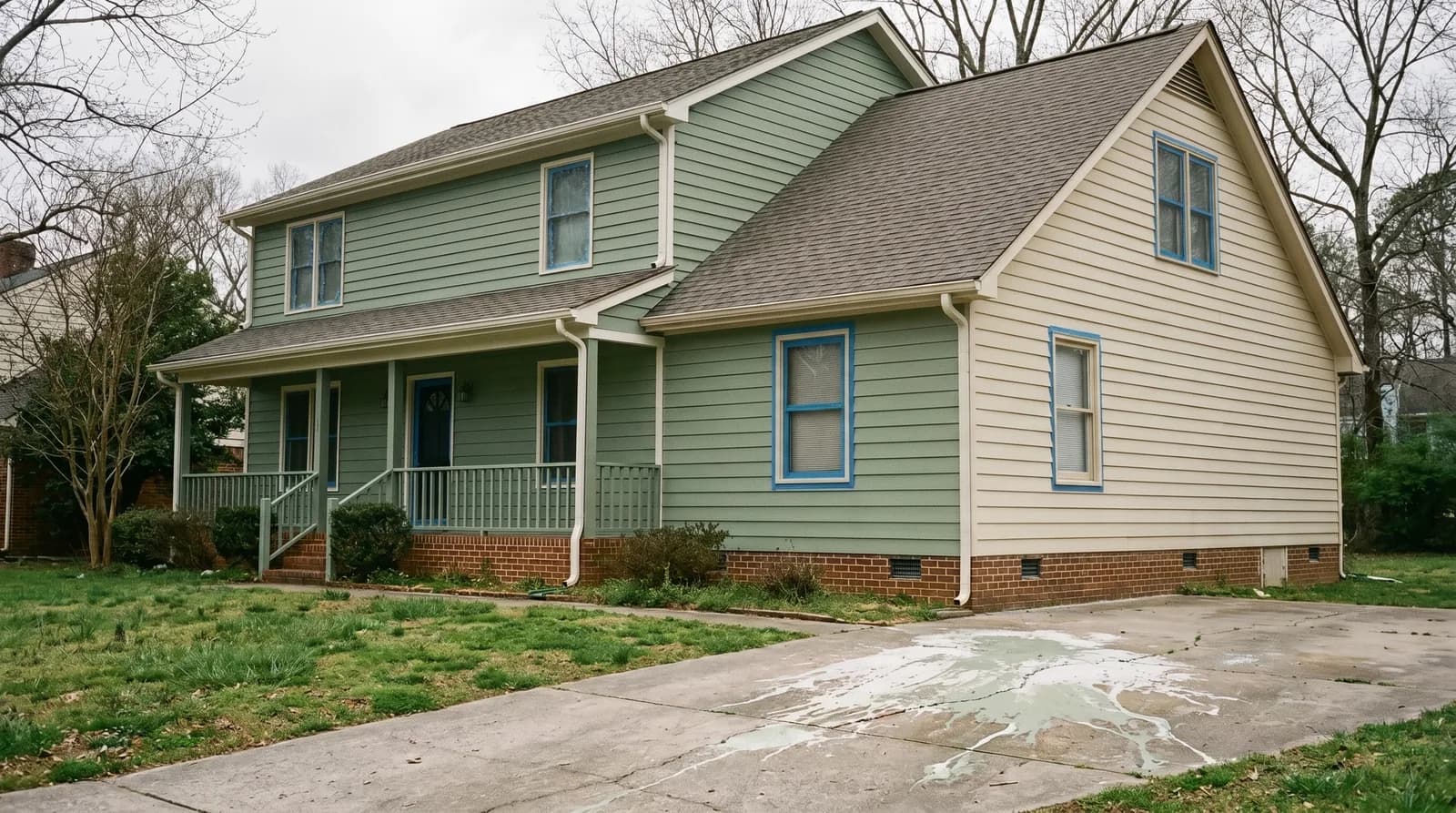 Half-finished exterior paint job on a house with painter's tape still on the windows.