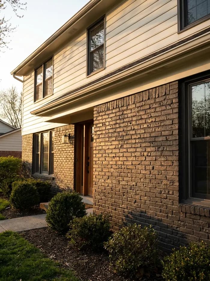Two-story home with stained brick masonry exterior