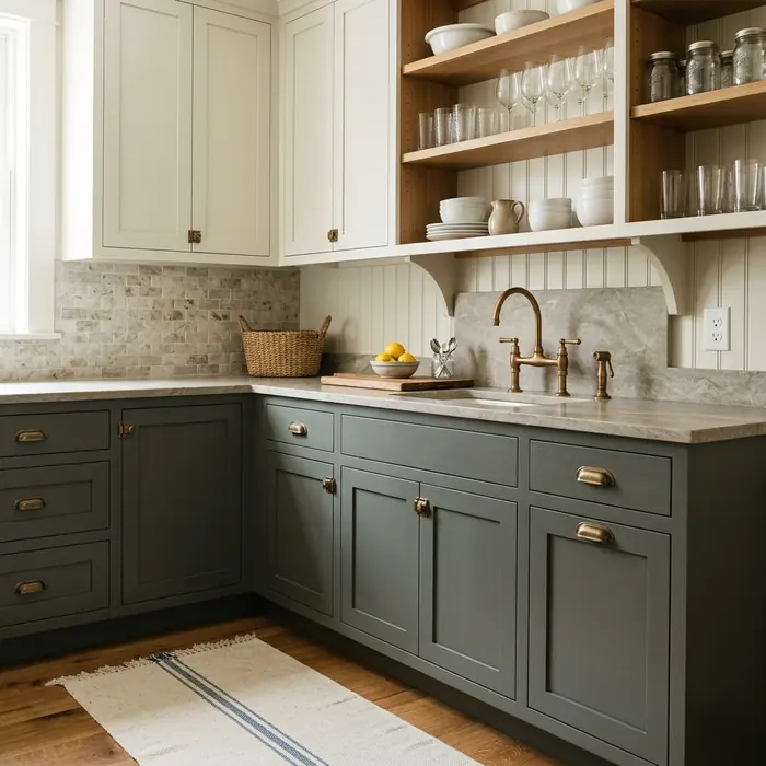 Butler's pantry cabinets painted in a deep sage green