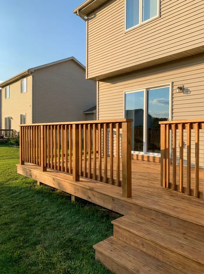 Cedar deck with freshly stained boards and railings