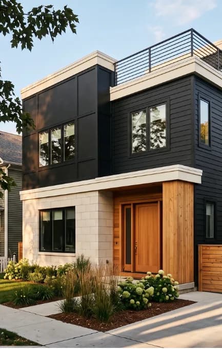 Modern two-story home with black painted siding, white trim and a cedar entry