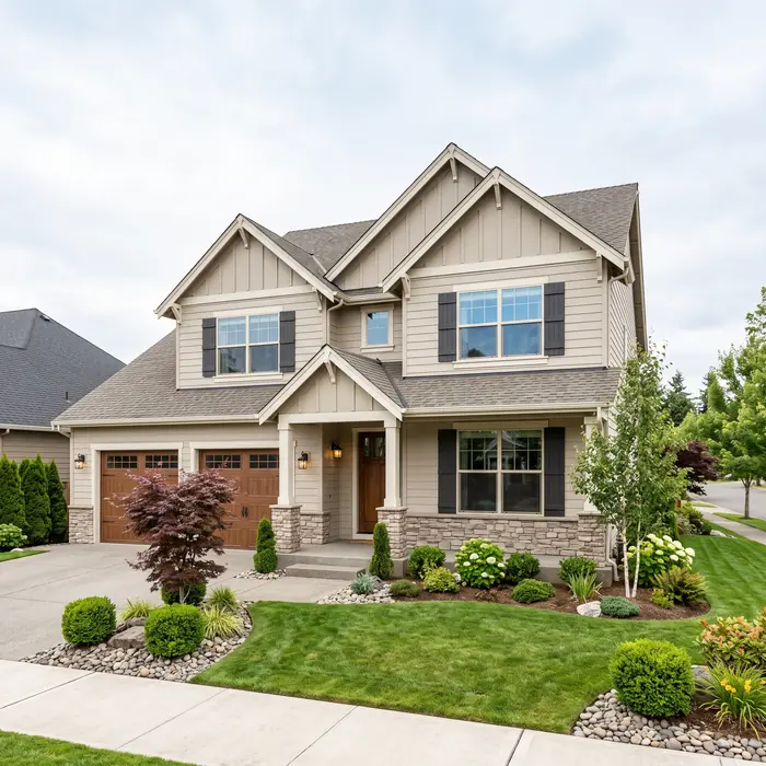 Two-story home with freshly painted siding, trim and garage doors