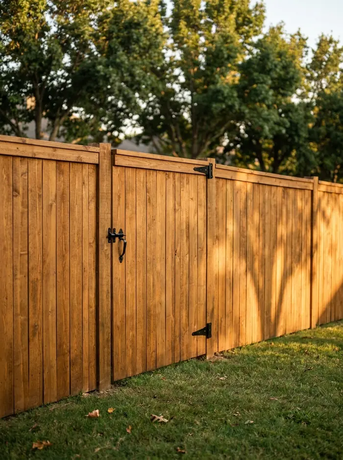 Stained cedar privacy fence and gate in a back yard