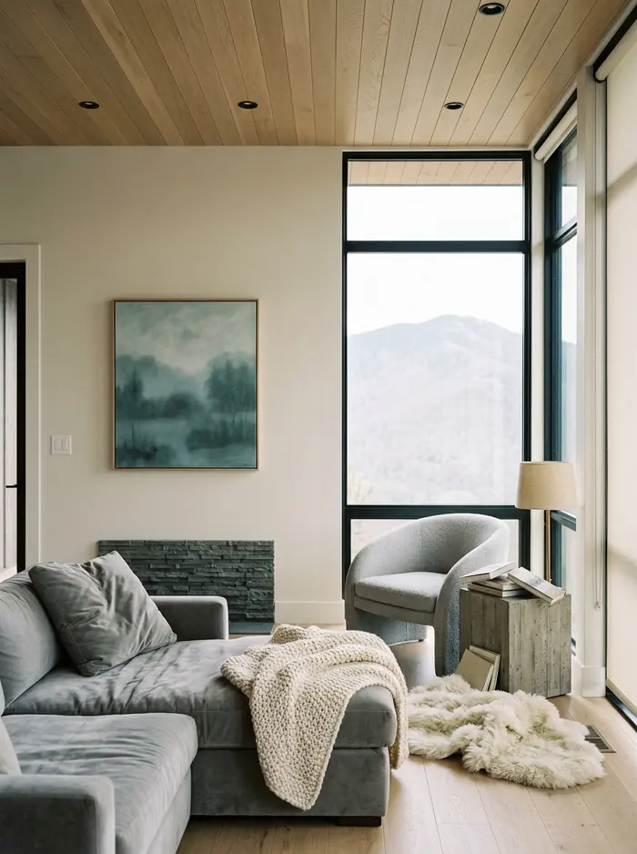 Modern living room with freshly painted walls, ceiling and trim