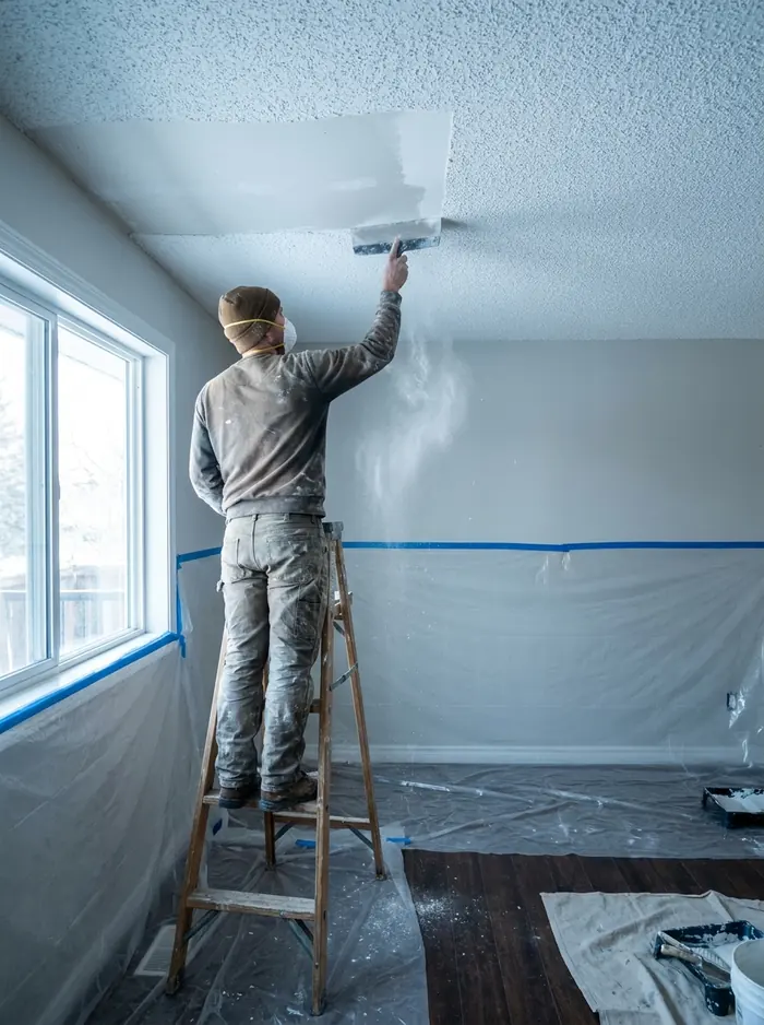 Popcorn ceiling texture being scraped off to leave a smooth finish