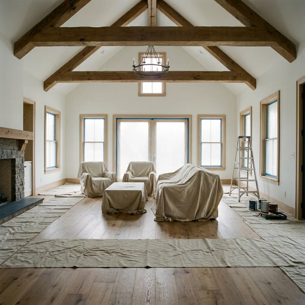 A living room prepared for painting with drop cloths and covered furniture