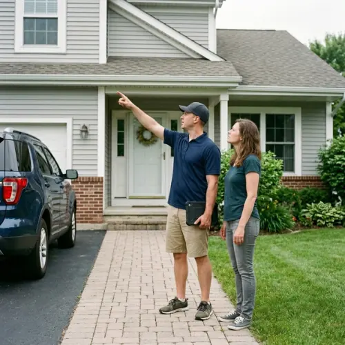 A painter and a homeowner talking outside a house