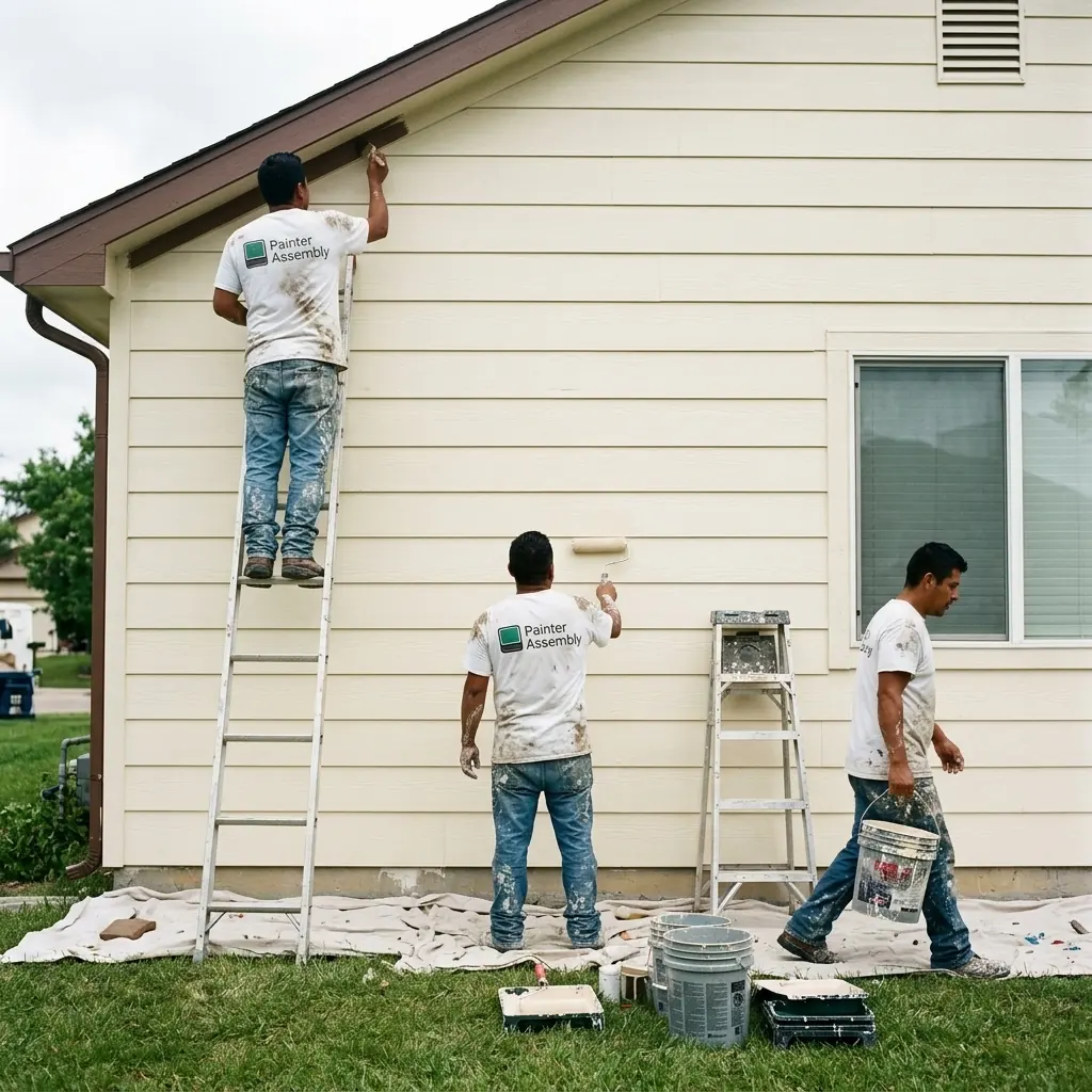 A painting crew working together on the exterior of a house